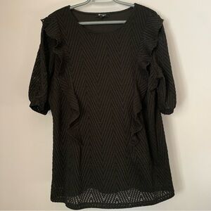 Lily Morgan Black Textured Ruffle Blouse 1X Sheer Sleeve Chevron Top